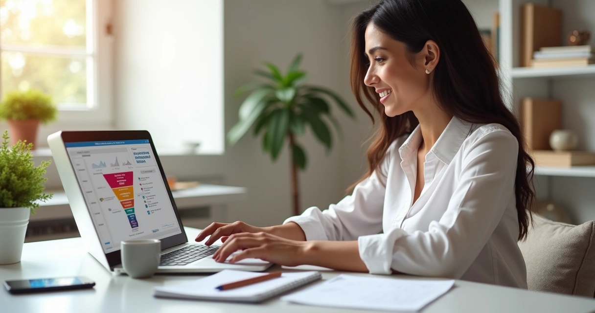 Mulher empreendedora analisando funil de vendas em notebook 