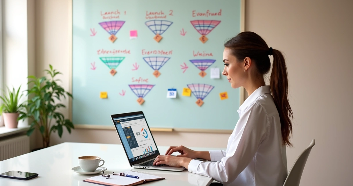 Mulher em home office planejando diferentes tipos de lançamentos digitais em um quadro com funis de vendas 