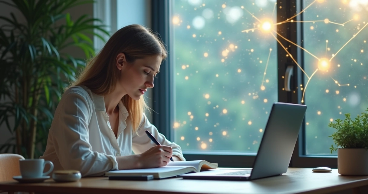 Mulher sentada escrevendo metas em caderno diante de paisagem abstrata de conexões mentais 