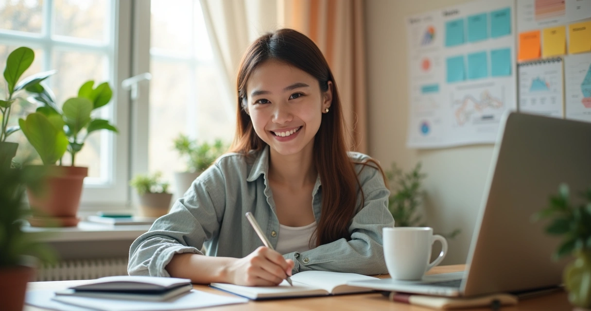 Mulher planejando negócios digitais em um caderno