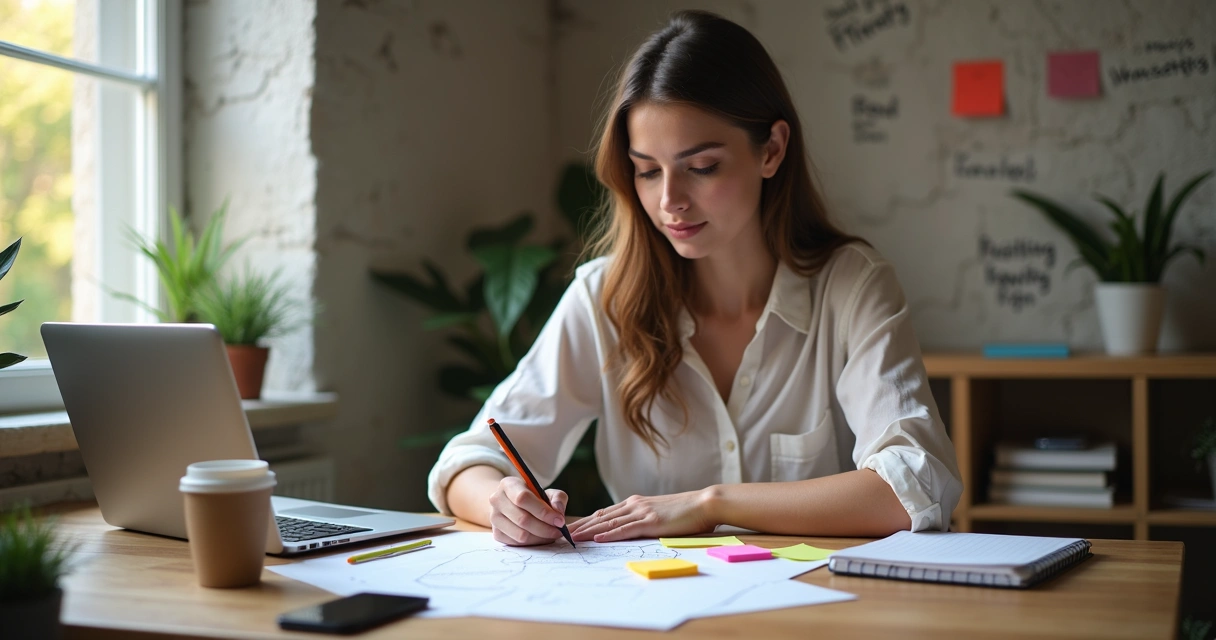 Mulher planejando negócio digital em caderno na mesa 