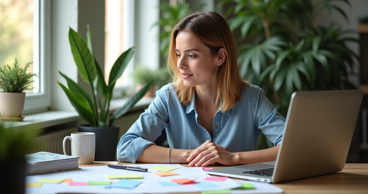 Mulher planejando negócios digitais com caderno, post-its e laptop 