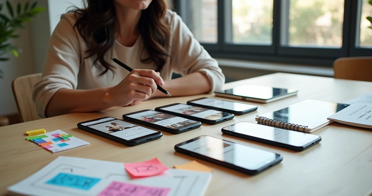 Empreendedora organizando estratégia de social commerce em mesa com celulares e anotações 