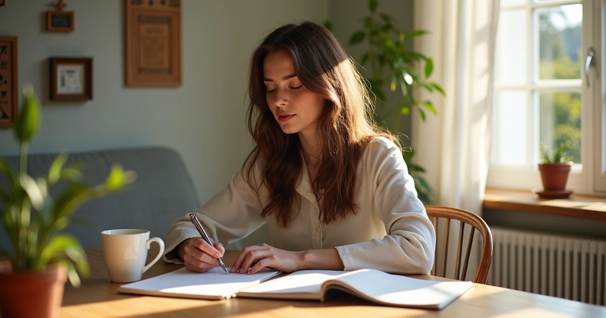 Mulher sentada à mesa com agenda e caneta organizando tarefas do dia