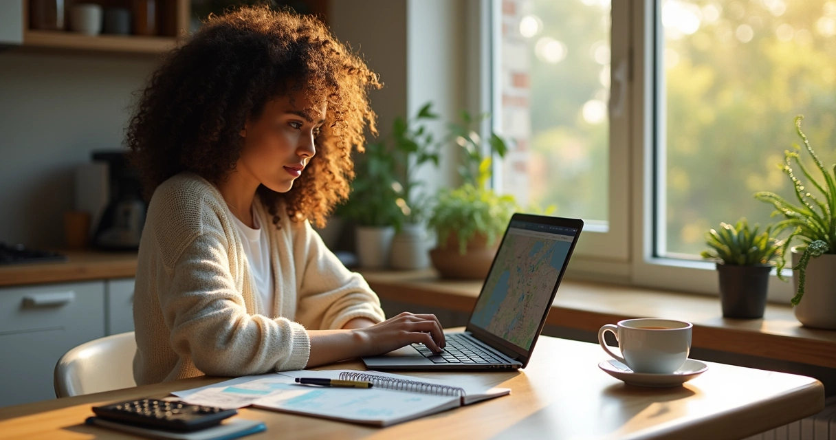 Mulher calculando pontos para viagem em mapa e laptop 