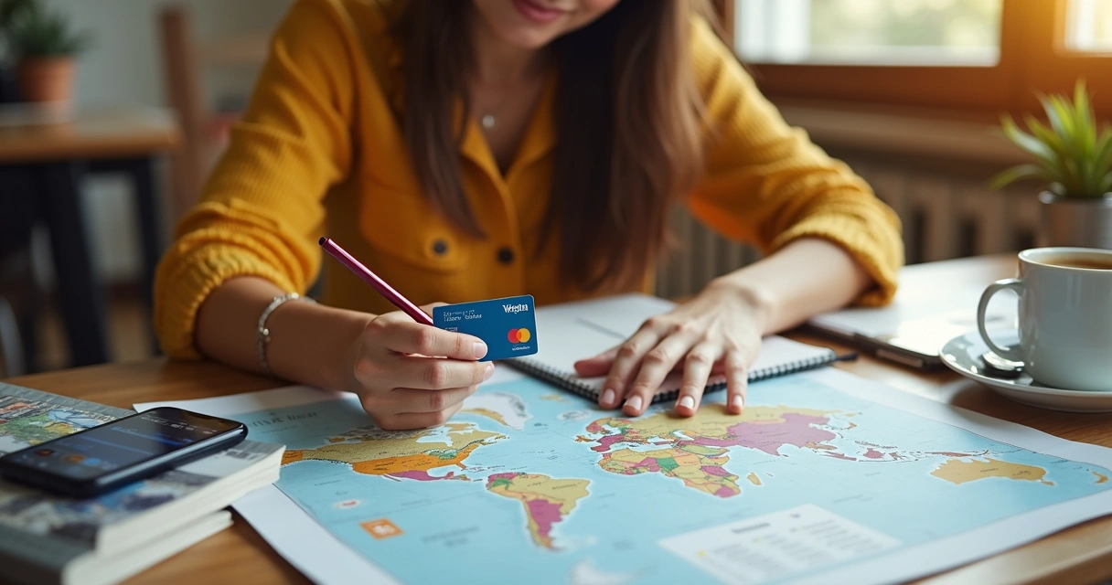 Mulher estudando mapa e anotando opções de câmbio com cartão multi-moeda na mesa 