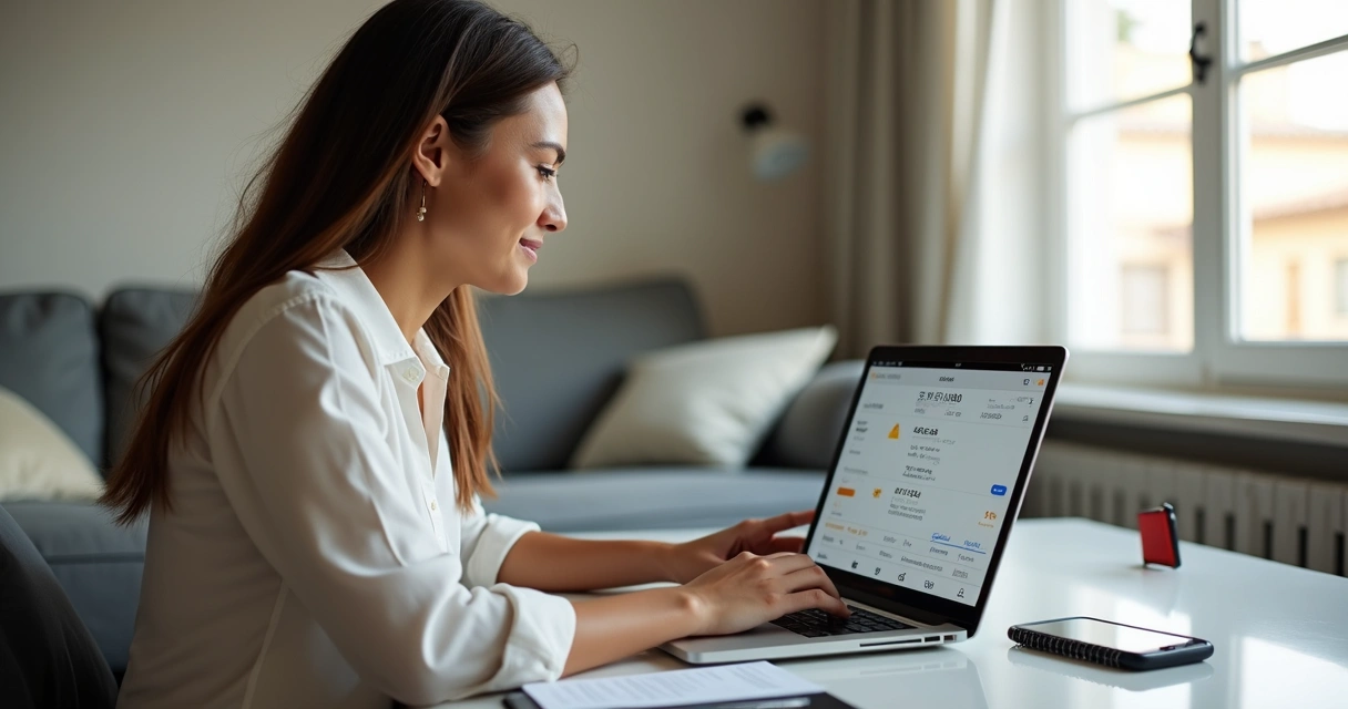 Mulher analisando passagens e cashback em computador de mesa 