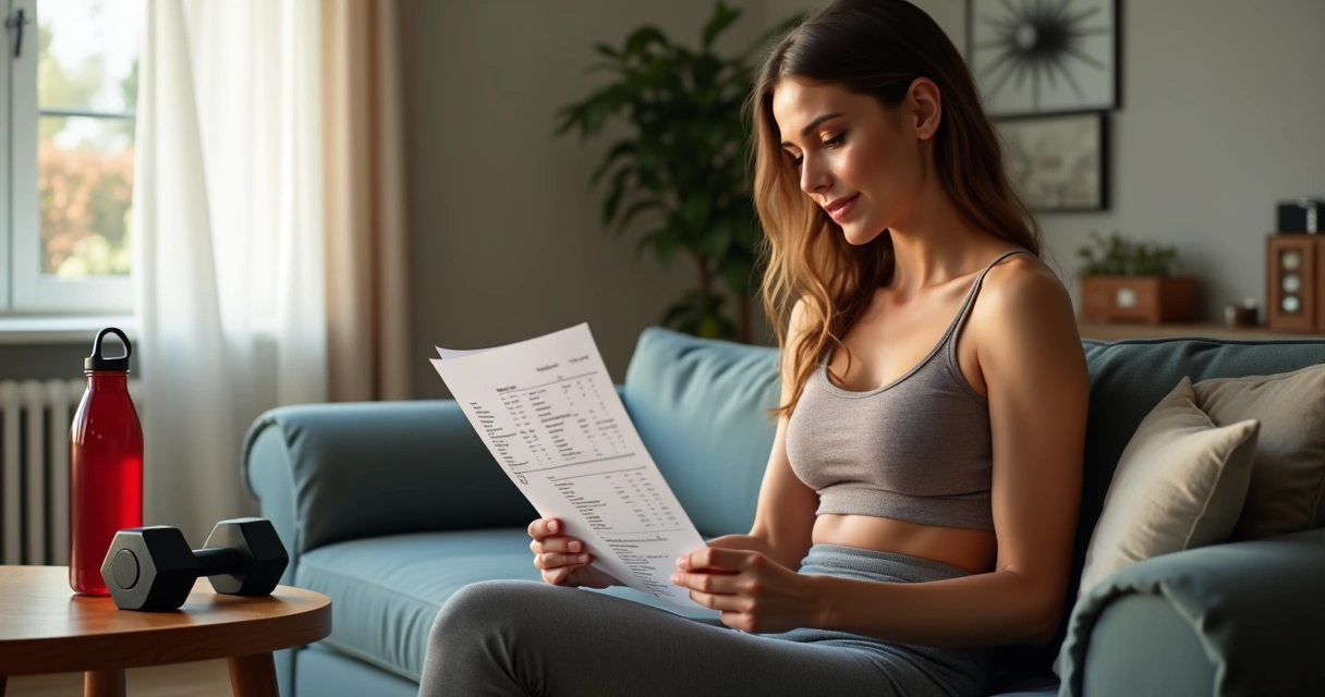 Mulher analisando plano de treino impresso 