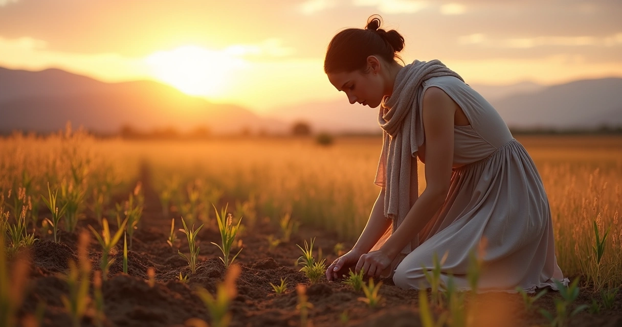 Mulher plantando sementes em campo ao pôr do sol 