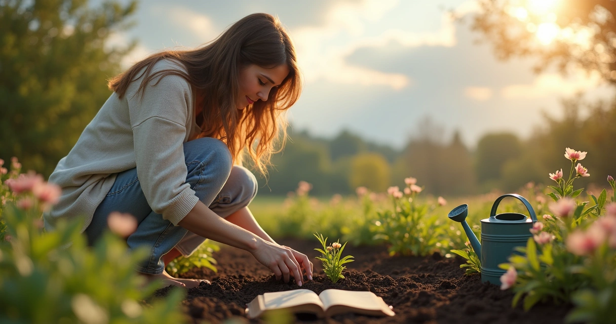 Mulher plantando sementes em solo com flores em volta e céu azul 