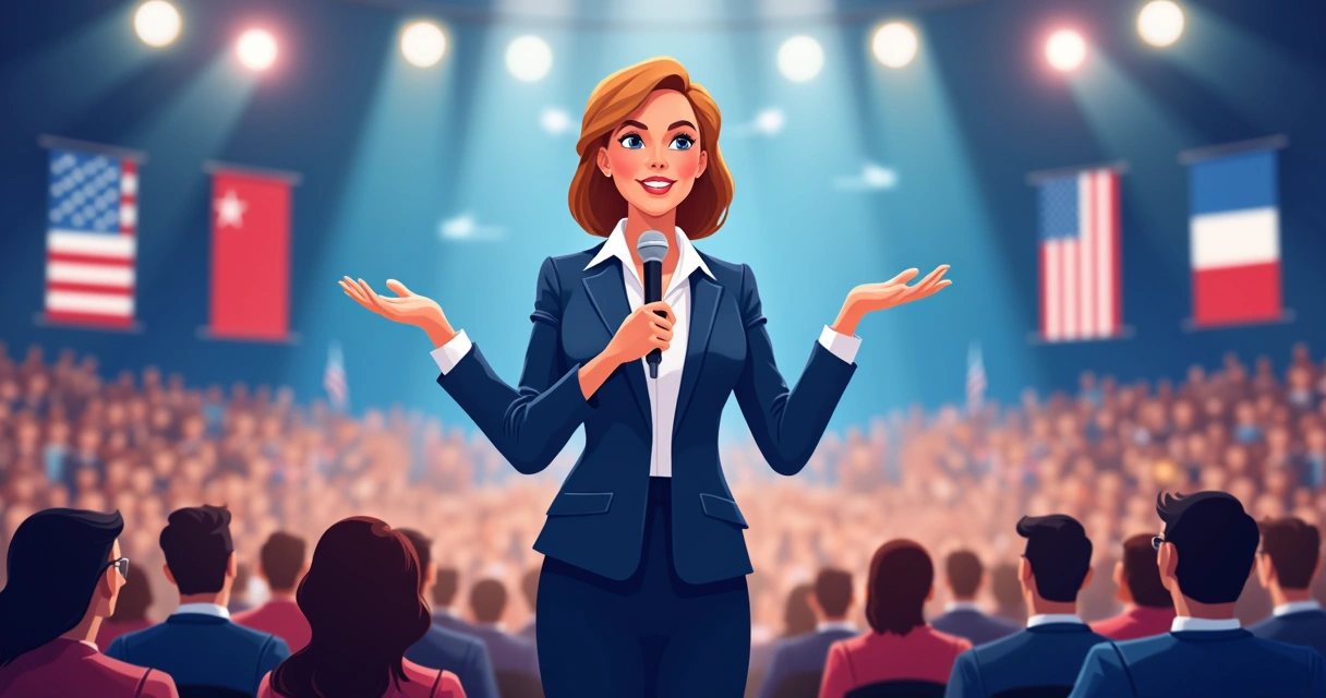 Mulher política debatendo em público com microfone 
