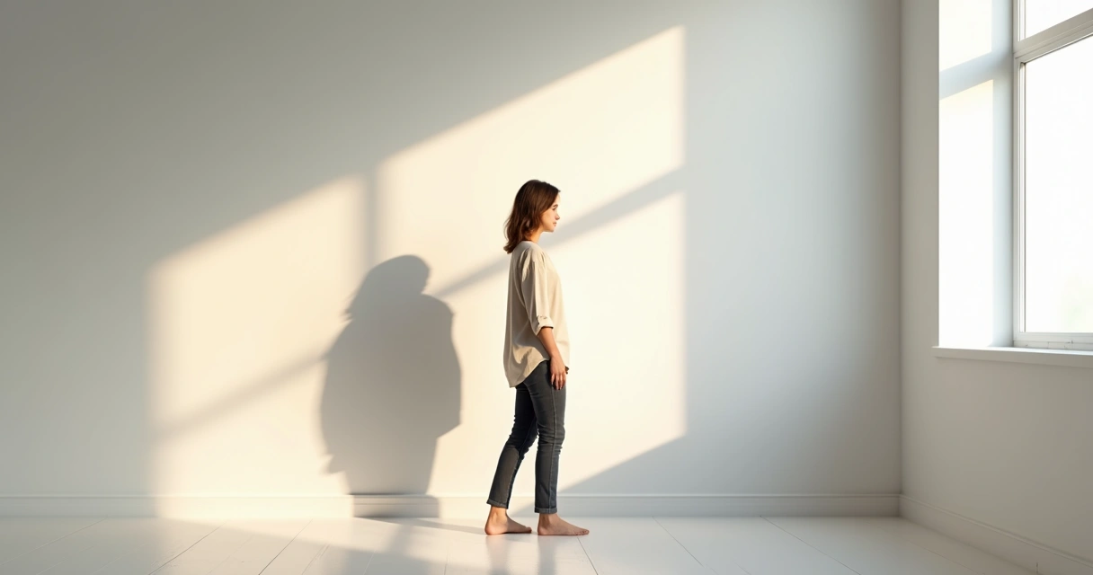 Mulher em sala branca vendo duas sombras com posturas opostas na parede 