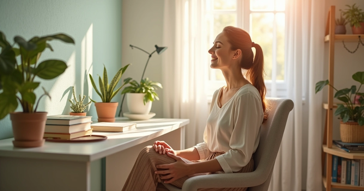 Mulher sentada em posição confortável praticando afirmações positivas com olhos fechados em ambiente iluminado 