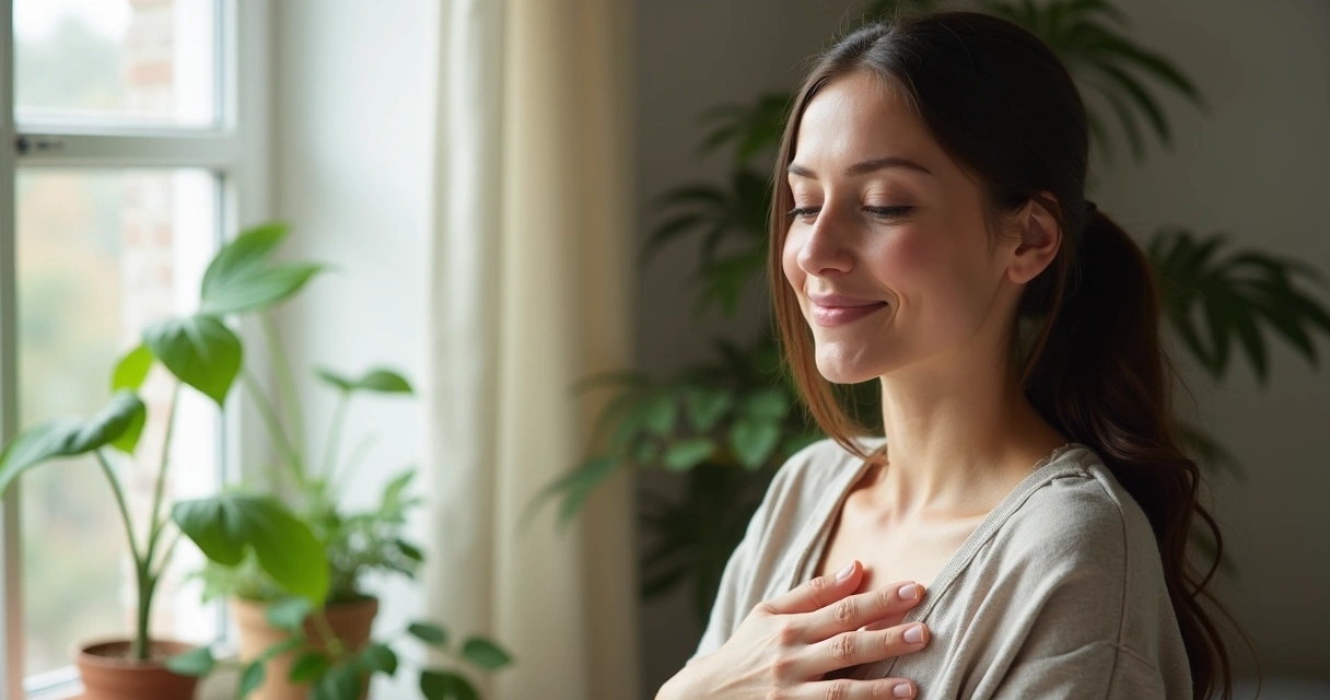 Mulher toca suavemente o próprio peito com expressão calma