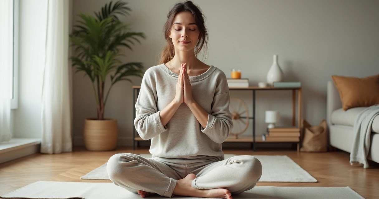 Mulher sentada em posição de meditação segurando o próprio peito em gesto de autocompaixão 