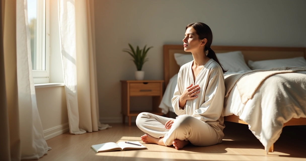 Mulher sentada no chão encostada na cama com a mão no peito em gesto de autocompaixão 