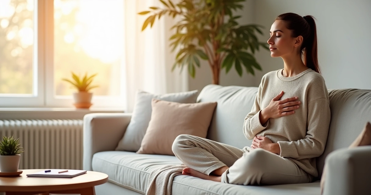 Mulher sentada perto da janela com a mão no peito em atitude de autocompaixão 
