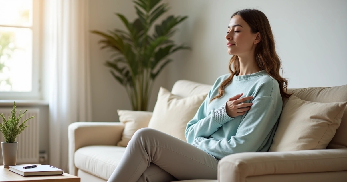 Mulher sentada no sofá com a mão no peito em postura de autocompaixão 