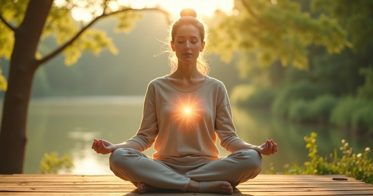 Pessoa sentada em posição de meditação tocando o próprio coração em ambiente calmo na natureza 