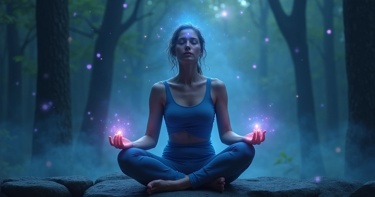 Mulher meditando com olhos fechados cercada de luzes azuis e orbes brilhantes 