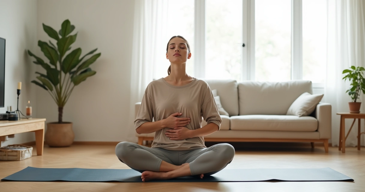 Mulher em tapete de yoga praticando consciência corporal na sala de casa 