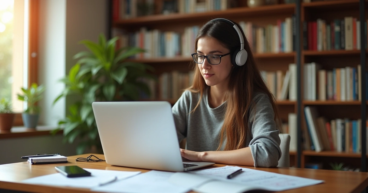 Mulher praticando perguntas de entrevista em inglês no laptop, mesa com anotações e caneta 