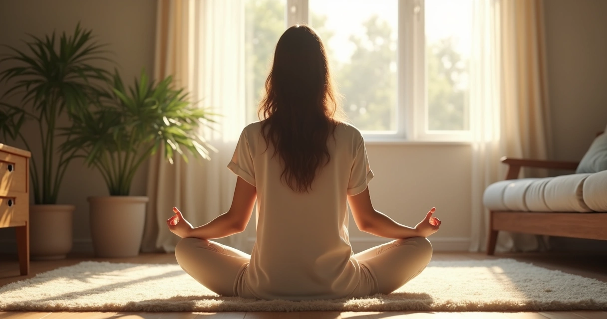 Mulher sentada em posição de meditação em sala tranquila com luz suave