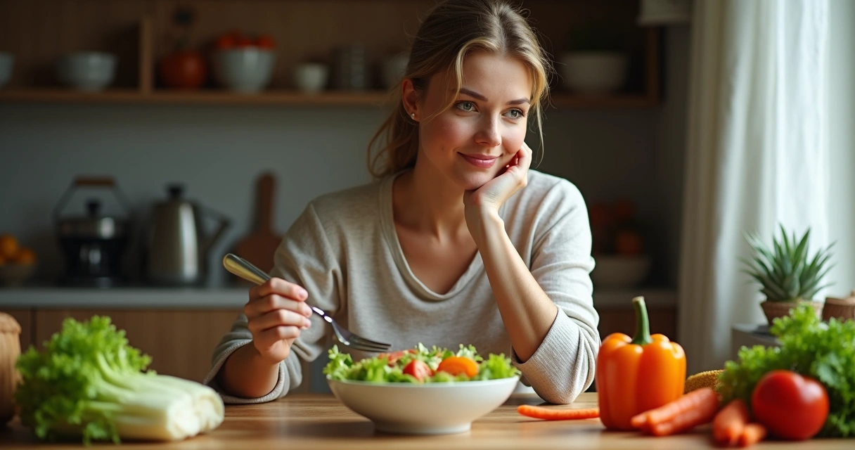 Mulher segurando um prato colorido de salada, olhando atentamente para a comida, sentada à mesa com luz suave ao fundo. 
