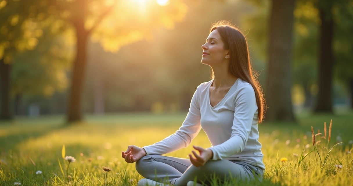 Mulher praticando mindfulness sentada ao ar livre, de olhos fechados 