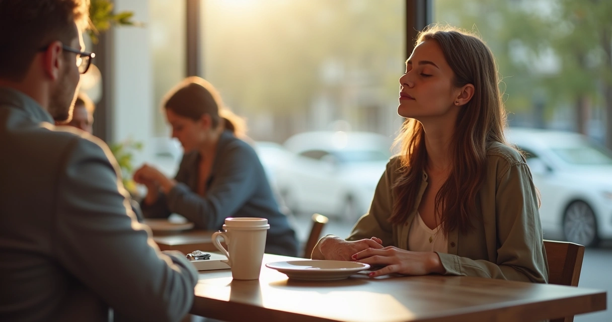 Mulher sentada em uma cafeteria, com olhos fechados, praticando mindfulness 