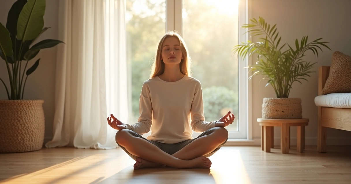 Mulher sentada no chão praticando mindfulness junto a janela com luz natural 