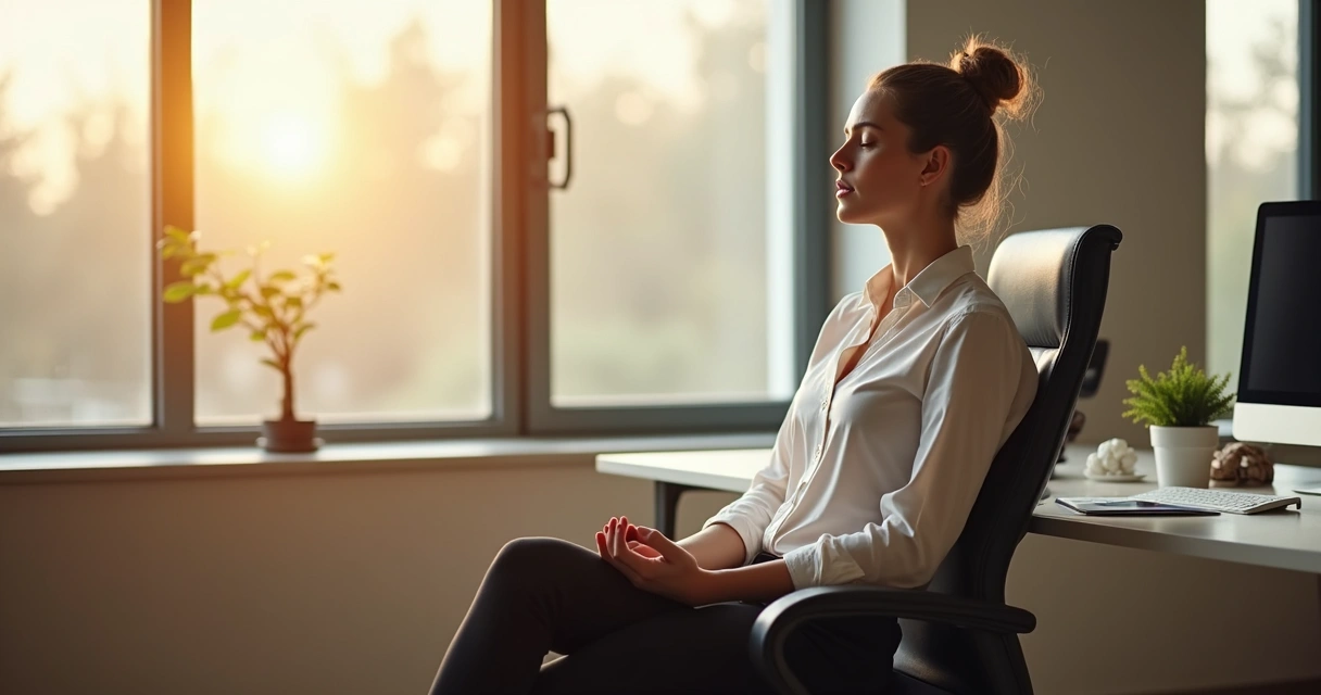 Mulher sentada em cadeira no escritório com olhos fechados e mãos sobre o colo, respirando calmamente, ambiente iluminado por luz natural 