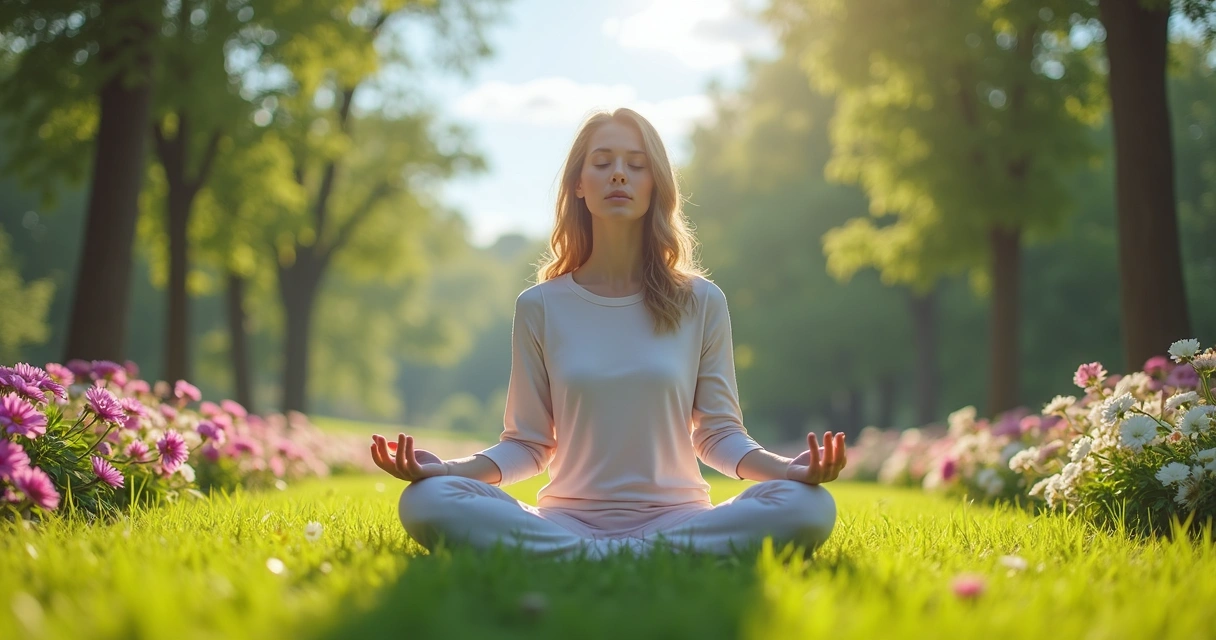 Mulher sentada em jardim tranquilo praticando mindfulness para reduzir ansiedade 
