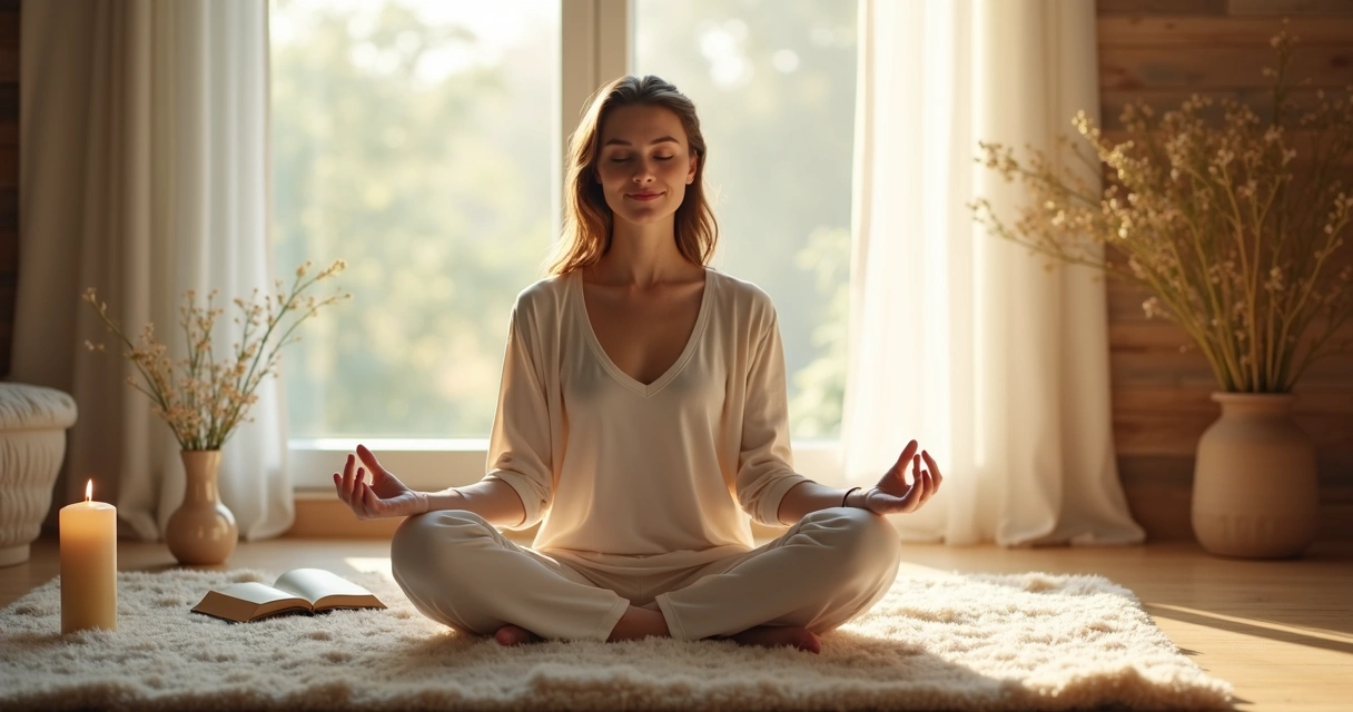 Mulher sentada em posição de meditação num ambiente calmo e iluminado, simbolizando perdão e autocuidado 