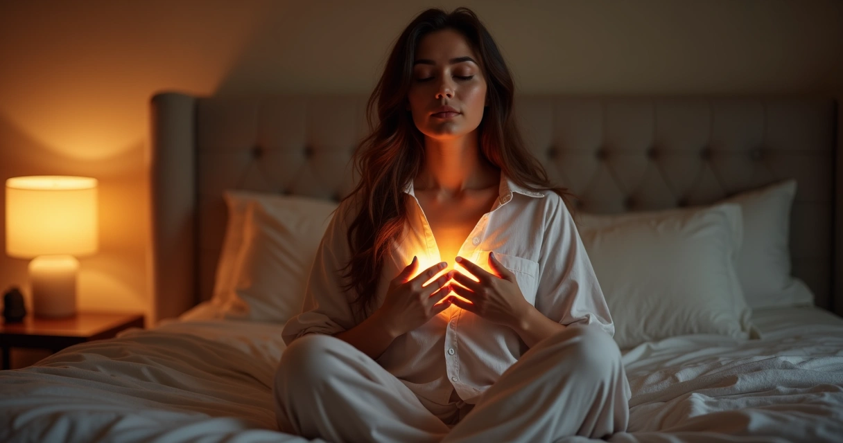 Mulher sentada à beira da cama, realizando imposição de mãos no coração ao praticar Reiki à noite