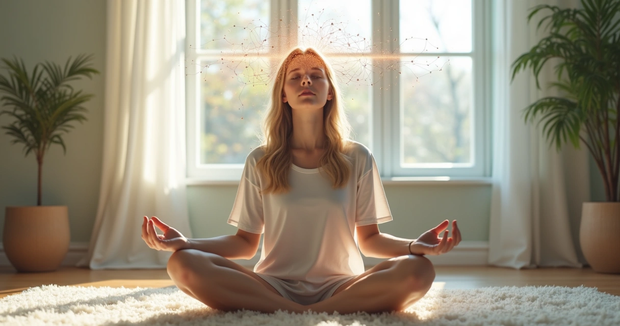 Mulher jovem sentada em posição de meditação em ambiente claro e acolhedor, com elementos visuais representando ondas cerebrais e conexões neurais ao redor 