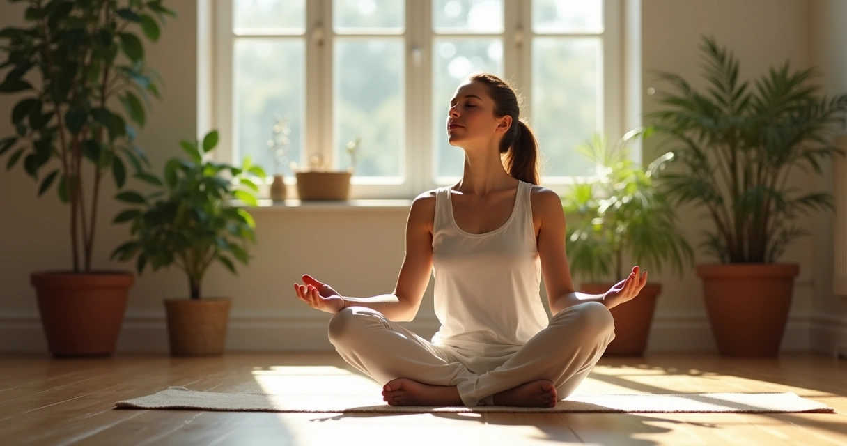 Mulher sentada com os olhos fechados, praticando respiração consciente em ambiente iluminado.