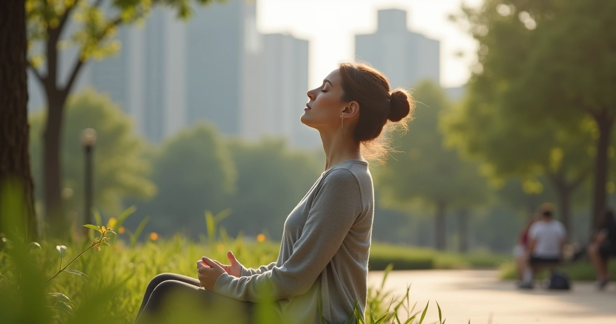 Mulher sentada com olhos fechados, mãos sobre o colo, em um ambiente urbano tranquilo 