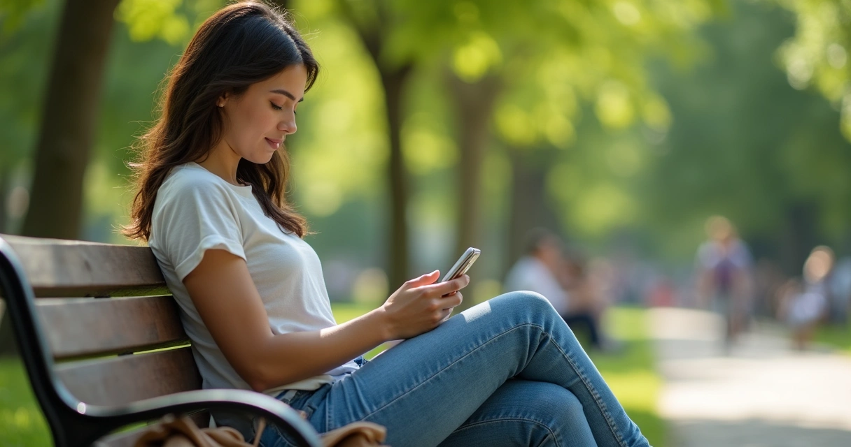 Mulher preenche pesquisa no celular sentada em banco de parque