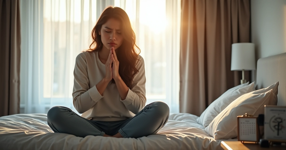 Mulher sentada na cama com expressão de preocupação