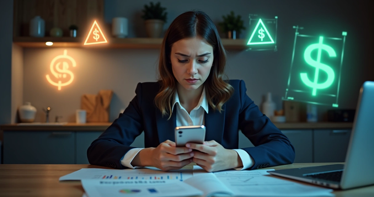 Mulher preocupada olhando para o celular analisando proposta de crédito 
