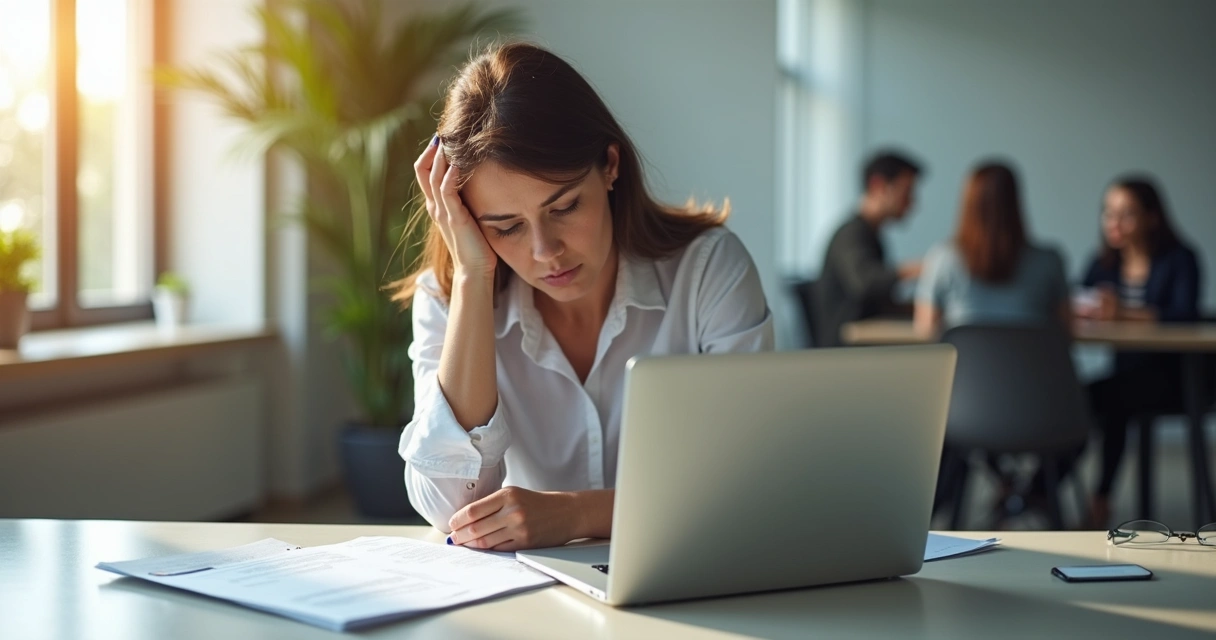 Mulher sentada sozinha em mesa de escritório olhando para baixo 