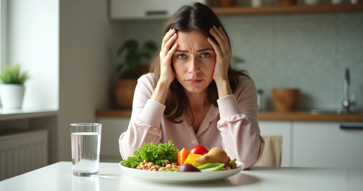 Mulher preocupada sentada à mesa com alimentos saudáveis 
