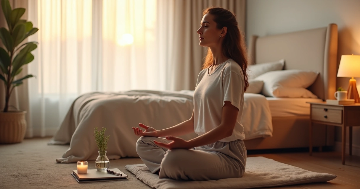 Mulher sentada em almofada de meditação em quarto calmo preparando-se emocionalmente para cirurgia 