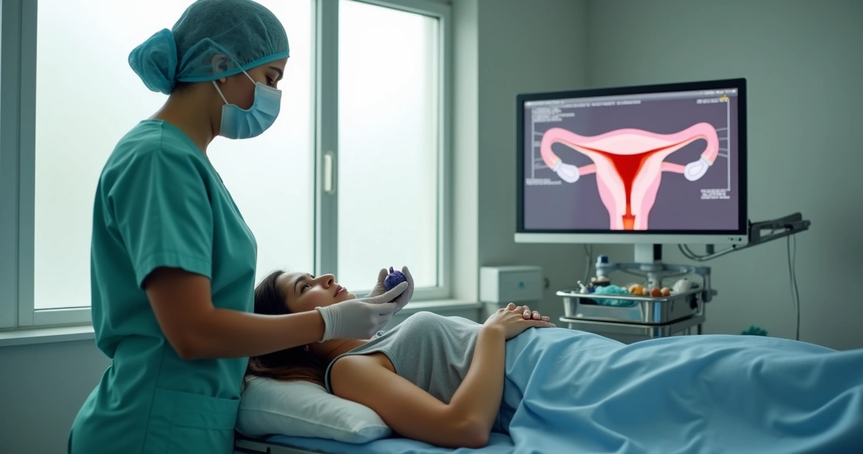 Mulher deitada em mesa de exame com médica preparando histeroscopia de forma acolhedora 