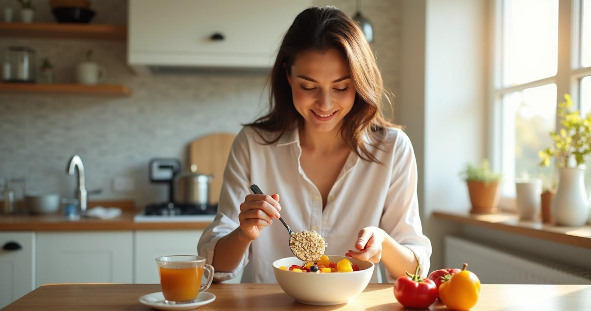 Mulher adulta misturando iogurte, frutas e aveia no café da manhã 