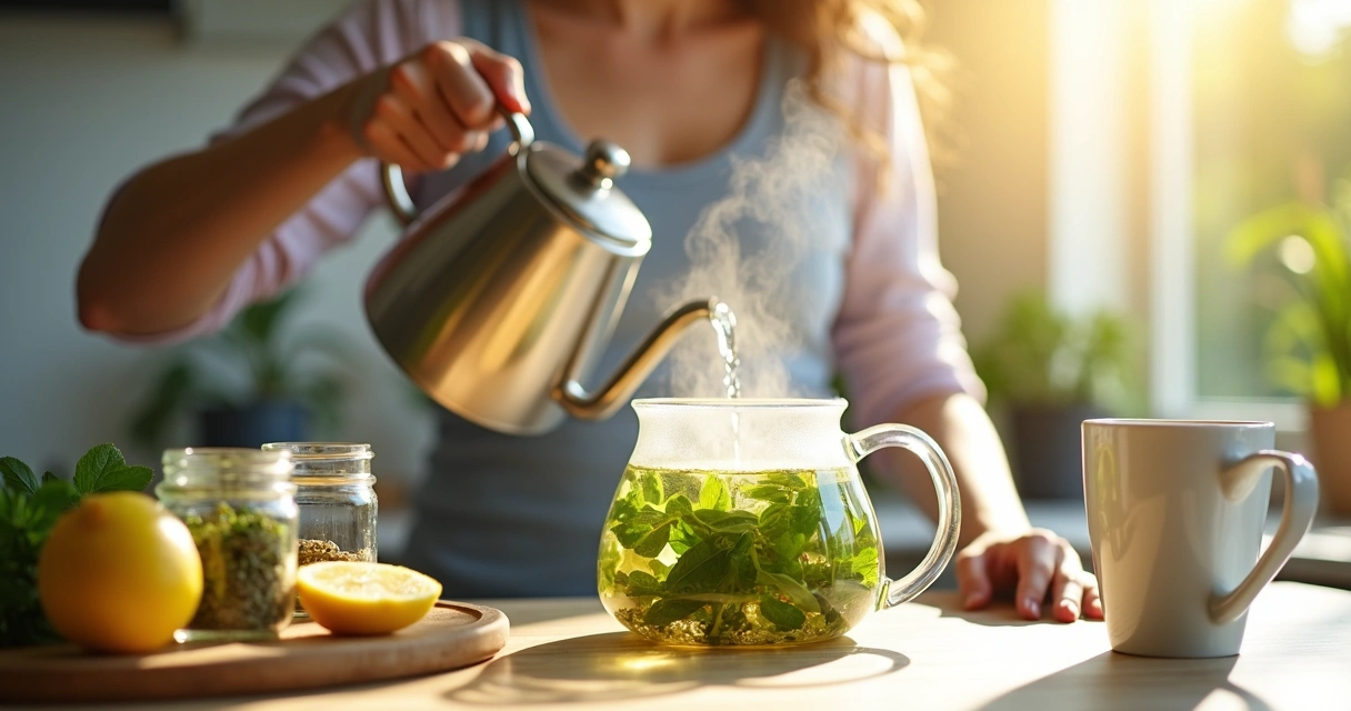 Mulher preparando chá verde com chaleira 