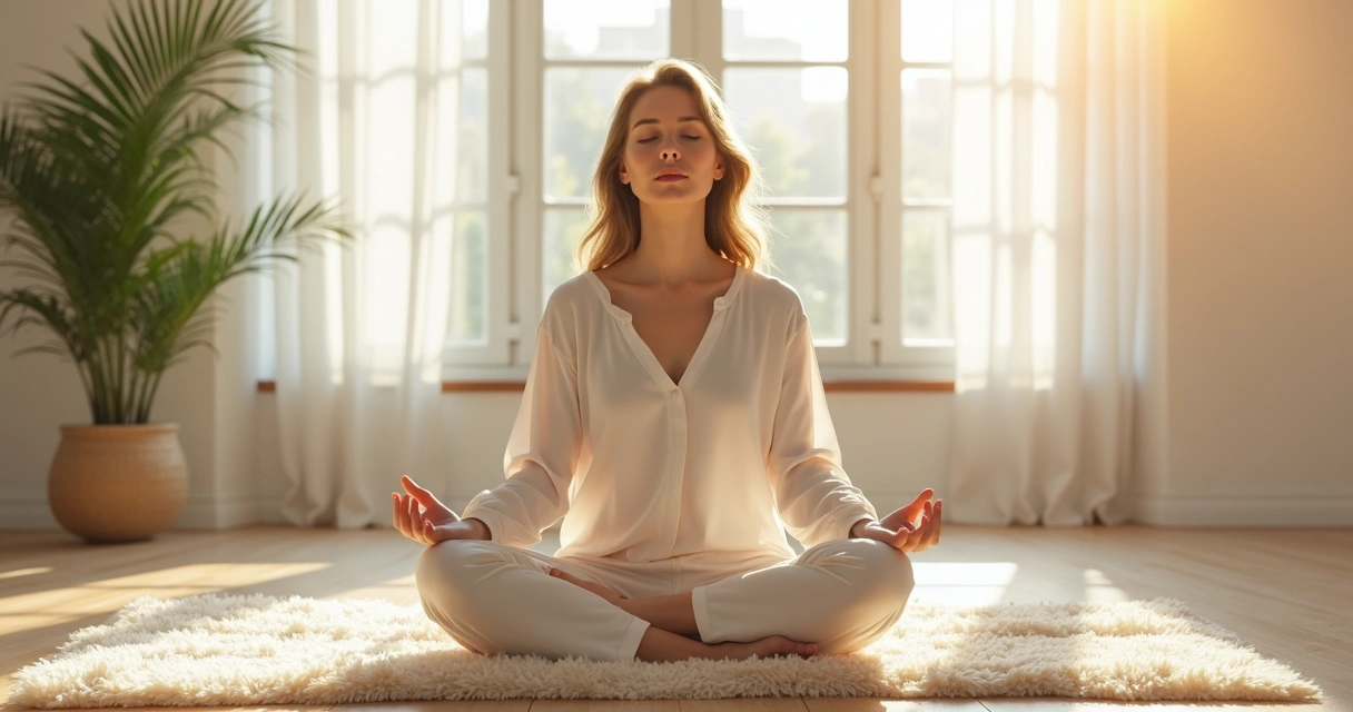 Mulher sentada em posição de meditação em ambiente tranquilo 