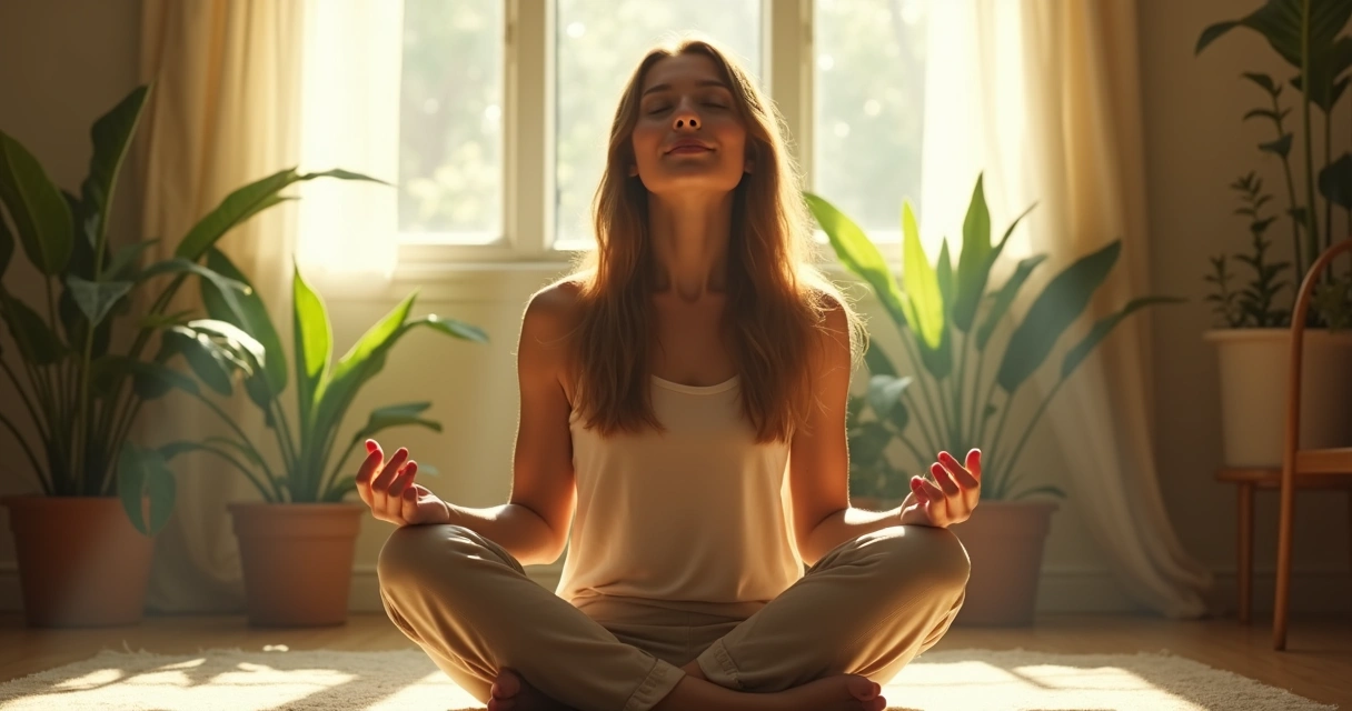 Mulher sentada em silêncio com expressão serena preparando-se para decidir 