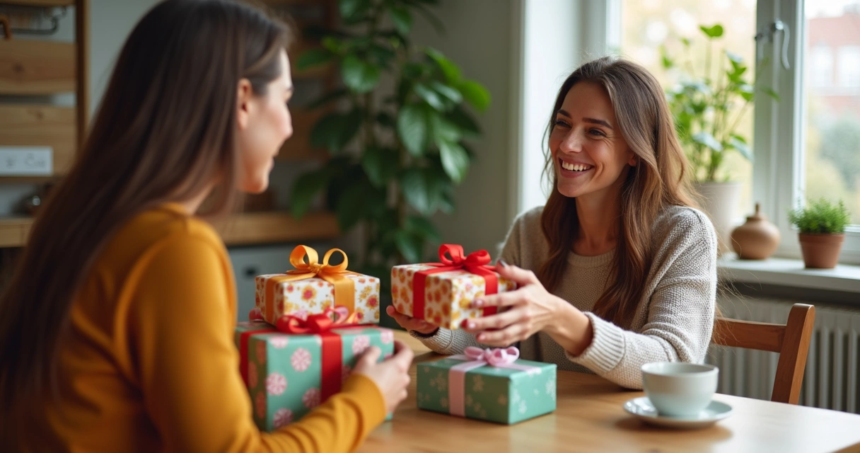 Mulher sorrindo recebendo presentes criativos coloridos 